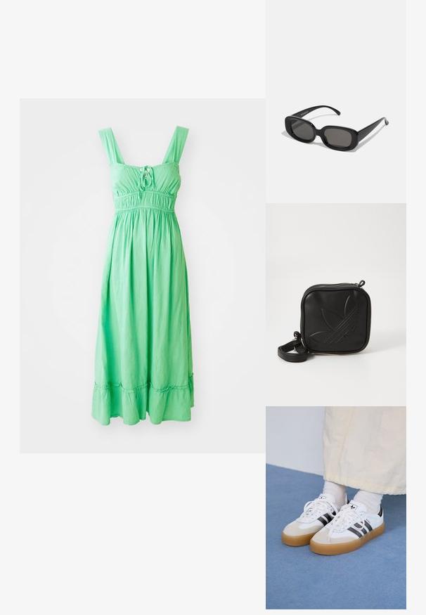 Abito maxi verde senza maniche con corpino arricciato, dettaglio frontale con lacci e orlo a balze. Realizzato in tessuto leggero e testurizzato.; Sneakers bianche con strisce nere e accenti in suede beige. Presentano una suola in gomma texturizzata e lacci bianchi piatti, indossate con calzini di colore chiaro.; Occhiali da sole neri rettangolari con lenti scure. Montatura in plastica spessa, texture liscia e bordi arrotondati. Le tempie eleganti si estendono verso l'esterno.; Borsa a tracolla nera realizzata in materiale sintetico testurizzato. Presenta un design con logo inciso e una tracolla regolabile. Chiusura con zip.