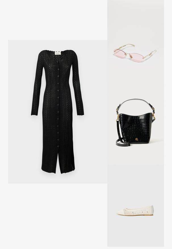 Pitkä musta neulottu kardigandimekko V-pääntiellä, täysimittaisilla hihoilla, nappikiinnityksellä ja monimutkaisella pitsimäisellä kuviolla koko matkalta.; Pointe suora in pelle crema con tomaia trasparente decorata da strass sparsi. Suola morbida per comfort, design minimalista.; Gucci Aurinkolasit - gold-coloured/pink; Musta krokotiilinjäljitelmästä valmistettu laukku, jossa on kaareva muoto, kultaiset yksityiskohdat, säädettävä olkahihna ja logotiedot edessä.