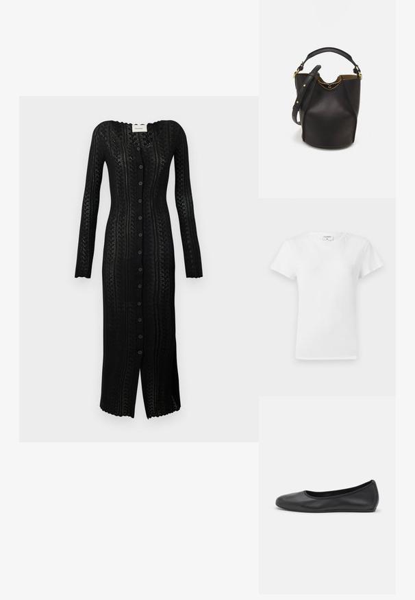 Long black knitted cardigan dress with a V-neck, full-length sleeves, button closure, and intricate lace-like pattern throughout.; White cotton t-shirt with a crew neckline and short sleeves, featuring a relaxed fit and minimalistic design. Tag visible at the neck.; Black leather ballet flat with a rounded toe, smooth texture, minimal stitching detail, and a flexible sole design.; Black leather bucket bag with a textured finish, gold hardware accents, and an open top. Features a short handle and adjustable shoulder strap.
