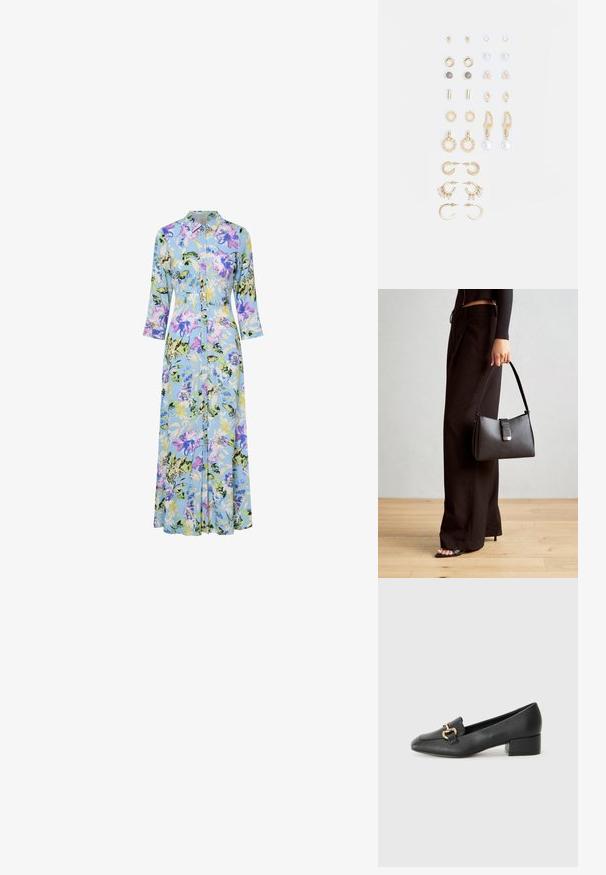 Blomstrete midi-kjole i lyseblått stoff, med lilla, gule og grønne blomster. Knappelukking foran, krage og trekvart ermer.; Sorte skinnloafers med flat hæl, med dekorativ detalj i gull foran og en jevn tekstur.; Svart håndveske med strukturert form, jevn tekstur og metallisk lås. Kombinert med brede svarte bukser og sandaler med åpen tå på tregulv.; Sett med gullfargede øredobber med ulike design, inkludert stikkere, hoops og hengende deler med perler og rhinestones.