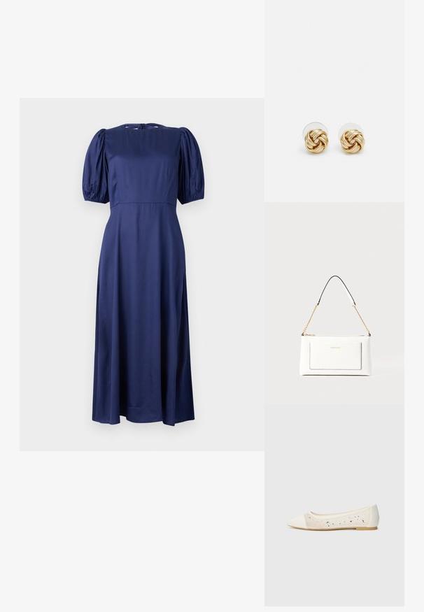 Vestido midi azul-marinho com mangas bufantes, decote redondo e fecho com laço nas costas. Feito de um tecido liso e leve para um ajuste fluido.; Sandal com biqueira apontada em pele creme com parte superior transparente decorada com strass dispersos. Sola macia para conforto, design minimalista.; Bolsa de mão branca em couro com acabamento texturizado, featuring a corrente dourada e detalhes pretos. Inclui um bolso frontal e fecho com zipper.; Brincos de pressão em tom dourado com um design torcido. Cada brinco possui uma base circular transparente para um uso seguro.