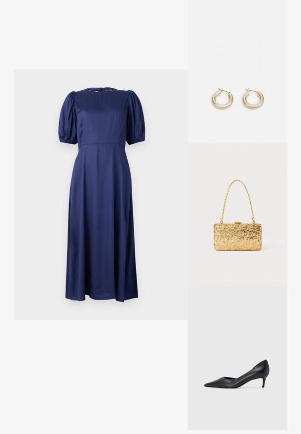 Námořnická modrá midi šaty s nabíranými rukávy, kulatým výstřihem a zavazováním vzadu. Vyrobeno z hladké, lehké látky pro volný střih.; Černá kožená lodička s špičatou špičkou a nízkým podpatkem. Má hladkou texturu a jemný lesk. Přední část je otevřená pro zvýraznění detailu.; Zlatá flitrová kabelka ve tvaru obdélníku, s propleteným řetízkovým uchem a kovovým zapínáním, odrážející světlo s texturovaným povrchem.; Lauren Ralph Lauren BASIC SMALL HOOP - Náušnice - gold-coloured