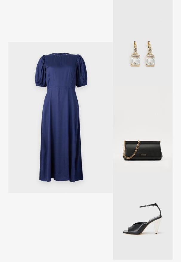 Námorníckomodrá midi šaty s balónovými rukávmi, okrúhlym výstrihom a viazaním na chrbte. Vyrobené z hladkej, ľahkej tkaniny pre voľný strih.; Čierne kožené sandále na vysokých podpätkoch s otvorenou špičkou, asymetrickým dizajnom, remienkom okolo členka a kovovým kužeľovitým podpätkom. Hladká textura po celom povrchu.; Čierna kožená kabelka s retiazkou zo zlata, so hladkou textúrou, obdĺžnikovým tvarom a embosovaným logom na prednej strane.; Náušnice v zlatej farbe, ktoré majú obdĺžnikový, transparentný kryštál visiaci pod radom malých, guľatých, čírych akcentov. Elegantný, moderný dizajn.