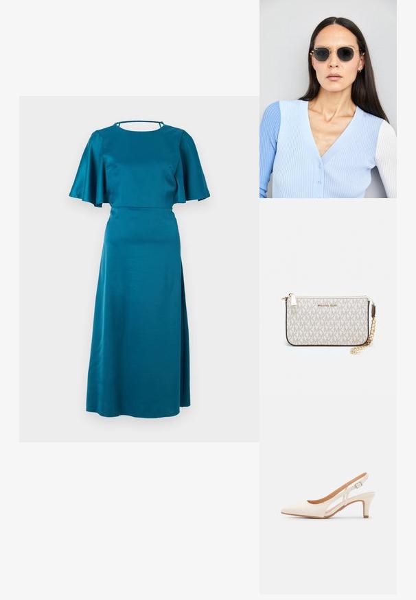 Zöld selyemruha rövid fodros ujjakkal, kerek nyakkal és oldalhasítékkal. Karcsú szabás a test résznél, lágy sziluett. Állítható hátrészek.; Fehér slingback sarok, hegyes orral, sima felső anyaggal, alacsony blokk sarkával és oldalsó kivágott dizájnnal, állítható csatpánttal.; Kerek napszemüveg sötét lencsékkel és arany kerettel. A modellen világoskék, bordázott kardigán van gombokkal és kontrasztos fehér ujjaival.; Michael Kors bézs bevonatos vászon karkötő, amely ismétlődő MK logó mintával, aranyszínű fémrészletekkel és levehető lánchordóval rendelkezik.