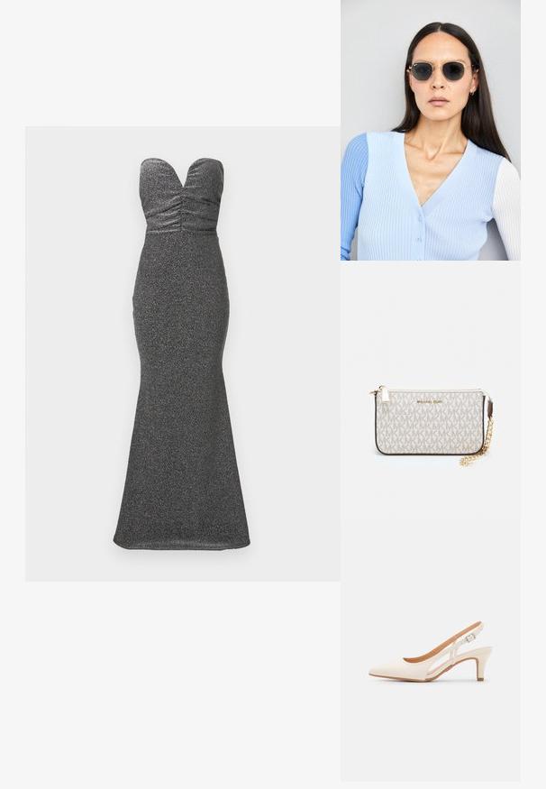 Beigiu petnešėlių, prigludusi iki grindų suknelė iš metalizuotos juodos medžiagos. Yra susiraukšlėjimo detalės krūtinėje ir mermaid siluetas.; Balti slingback kulniukai su smailiu pirštu, lygia viršutine medžiaga, žemu blokuotu kulnu ir šoniniu išpjovimu su reguliuojamu sagtimi.; Apskriti saulės akiniai su tamsiais objektyvais ir auksiniais rėmeliais. Modelis vilki šviesiai mėlyną, raukinį kardiganą su mygtukais ir kontrastingomis baltomis rankovėmis.; Michael Kors rankinė smėlio spalvos dengto kanvoje su pakartotiniu MK logotipo raštu, auksinėmis detalėmis ir nuimamu grandininiu dirželiu.