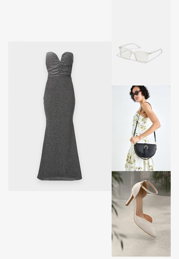 Vestido justo e longo sem alças em tecido preto metálico. Apresenta detalhes franzidos na área do busto e uma silhueta de sereia.; Shoe de salto alto branco em material suave com bico pontudo e tira no tornozelo. Apresenta um interior em tom claro de bege e detalhes em tom dourado.; Óculos quadrados de plástico transparente com lentes translúcidas, apresentando detalhes em dourado nas hastes.; Bolsa de couro preta com forma curva, alça destacável e detalhes em dourado. A bolsa possui uma aba com detalhe de fivela.