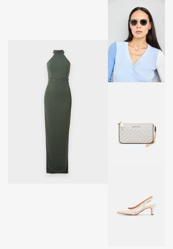 Rochie maxi fără mâneci, de culoare verde măsliniu, cu guler înalt, talie strânsă și o textură netedă; designul până la podea accentuează silueta.; Sandaie cu toc alb, cu vârful ascuțit, material superior neted, toc mic tip bloc și design cu decupaj lateral, cu curea ajustabilă.; Ochelari de soare rotunzi cu lentile întunecate și rame aurii. Modelul poartă un cardigan ribbed de culoare albastru deschis cu nasturi și mâneci albe în contrast.; Clutch Michael Kors din canva acoperit bej, cu un model repetitiv al logo-ului MK, accesorii din aur și o curea cu lanț detașabil.