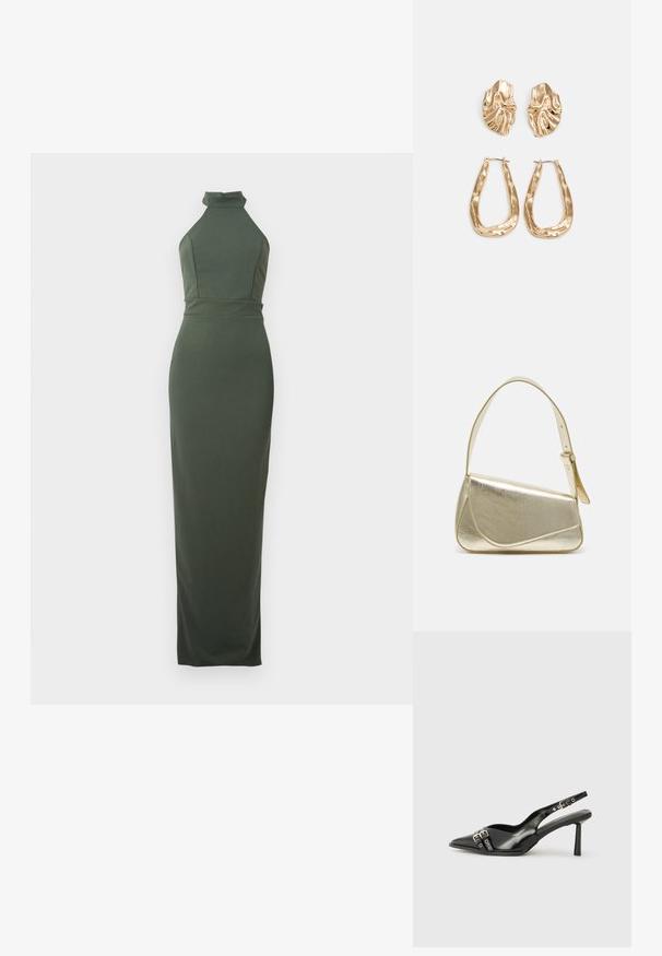 Bešvarkis alyvų žalios spalvos maksi suknelė su aukštu apykaklės kirpimu, prigludusia juosmeniu ir lygia tekstūra; grindis siekiantis dizainas pabrėžia siluetą.; Juodas lakuotas odinis batelis su smailiu pirštu, kulkšnies dirželiais su sidabrinėmis sagtimis ir detalėmis, bei plonu kulnu.; Aukso metalinės rankinės su struktūrizuotu dizainu, lygaus paviršiaus ir reguliuojama dirželiu. Pasižymi unikaliu trikampiu pavidalu ir minimalizmu siuvinėjime.; Auksinės auskarai, turintys tekstūruotus, bangų formos elementus. Įeina skulptūriniai segami auskarai ir atviri lankai su išmuštu paviršiumi.
