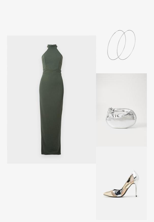 Bezrokavni olivnozeleni maksi obleka z visokim ovratnikom, tesnim pasom in gladko teksturo; dolžina do tal poudarja silhueto.; Čevlji z visoko peto in konico, v barvni kombinaciji srebrne, zlate in nude. Sijajna obdelava z izrezljanim dizajnom, z igličasto peto.; Srebrna kovinska torbica z mehko, zaobljeno obliko in zavezano zgornjo zaporo. Narejena iz gladkega umetnega usnja.; Srebrne uhane v obliki obroča z minimalističnim dizajnom. Krožna oblika, gladka tekstura in tanek profil. Lahki s poliranim zaključkom.