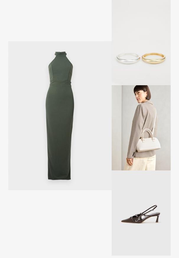 Ujjatlan, olíva zöld maxi ruha magas nyakkivágással, testhez simuló derékrésszel és sima textúrával; a padlót súroló hosszúság kiemeli az alakot.; Barna lakkbőr slingback sarok, hegyes orral, állítható pántokkal és díszes csatokkal az elején. 7,5 cm sarokmagasság.; Fehér, strukturált kézitáska rövid füllel és vállpánttal, arany színű fém kiegészítőkkel és texturált anyagból, szürke háttér előtt bemutatva.; Zign 2 PACK - Karkötő - gold-coloured/silver-coloured