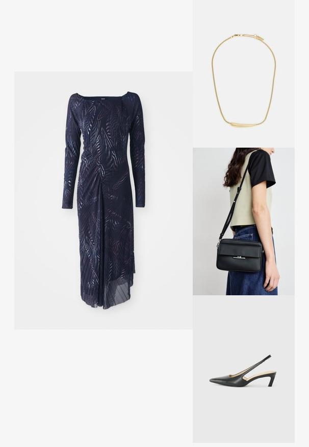 Rochie cu mâneci lungi, de culoare bleumarin închis, cu un design în model de frunze, cu talie strânsă și o fustă fluidă care se lasă pe o parte.; Pantof cu toc mic, cu vârf ascuțit și slingback, realizat din piele netedă, având un design decupat pe lateral pentru respirabilitate.; Calvin Klein LINEAR CAMERA BAG - Geantă crossbody - black; Colier placat cu aur, cu un accent central neted și curbat. Dispune de o chaină flexibilă cu un închizător tip homar și link-uri suplimentare ajustabile.