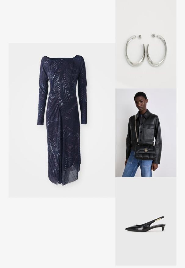 Pikkade varrukatega tume tumesinine kleit, millel on lehtede mustriga disain, vöödiga ja voogava seelikuosas, mis langeb ühele küljele.; Mustad nahast slingback kontsad terava ninaga, millel on õhuke konts ja kuldse tooni aktsent reguleeritaval rihmal. Sile tekstuur.; Mustmust nahkjakks, millel on nööbiga sulgemine ja kaks esikot, koos musta tikandiga käekotiga, millel on kuldne klamber ja ahelrihm.; Hõbe rõngas kõrvarõngad, millel on sujuv ja kõver kuju. Omab läikivat metallist viimistlust ja nupuga sulgemist. Pole nähtavaid mustreid ega aksessuaare.