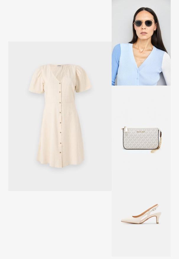 Rochie bej deschis cu decolteu în V, mâneci scurte tip puff și fustă evazată. Are butoane în față și un material moale, texturat.; Sandaie cu toc alb, cu vârful ascuțit, material superior neted, toc mic tip bloc și design cu decupaj lateral, cu curea ajustabilă.; Ochelari de soare rotunzi cu lentile întunecate și rame aurii. Modelul poartă un cardigan ribbed de culoare albastru deschis cu nasturi și mâneci albe în contrast.; Clutch Michael Kors din canva acoperit bej, cu un model repetitiv al logo-ului MK, accesorii din aur și o curea cu lanț detașabil.