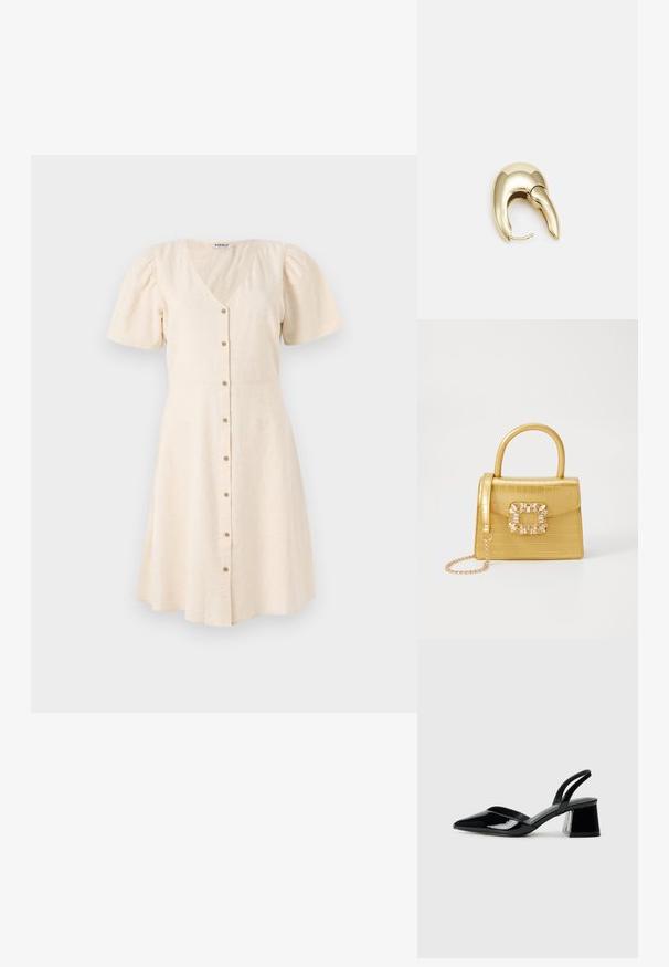 Šviesiai kreminė suknelė su V formos kaklu, trumpomis pūstomis rankovėmis ir plačia suknele. Papuošta priekiniais mygtukais ir minkšta, tekstūruota medžiaga.; Juodos lakuotos odinės šlepetės su smailiu pirštu ir geometriniu bloko kulnu. Turi elegantišką, minimalistinį dizainą ir lygų paviršių.; Geltonas dirbtinės krokodilo odos rankinukas su standžiu dizainu, viršutine rankena, nuimamu grandininiu dirželiu ir dekoratyviniu krištolo papuošimu ant užsegimo.; Aukso tono metalinės auskarai su stilingu, kreiviu dizainu. Išsiskiria ryškiu smailiu pavidalu, poliruota paviršiumi ir užsegimu su vyriu.