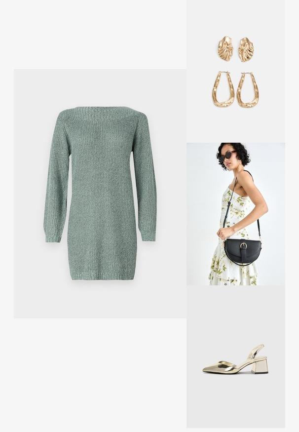 Vestido de malha em verde claro com mangas longas, decote largo e tecido texturizado. Apresenta um corte reto e bainha canelada.; Sapatos de salto alto metálicos dourados, com biqueira em ponta e salto grosso. Textura suave, design minimalista e uma tira estreita.; Bolsa de couro preta com forma curva, alça destacável e detalhes em dourado. A bolsa possui uma aba com detalhe de fivela.; Brincos em tom de ouro com formas onduladas e texturizadas. Inclui studs escultóricos com presilha e um design de argola aberta com um acabamento martelado.