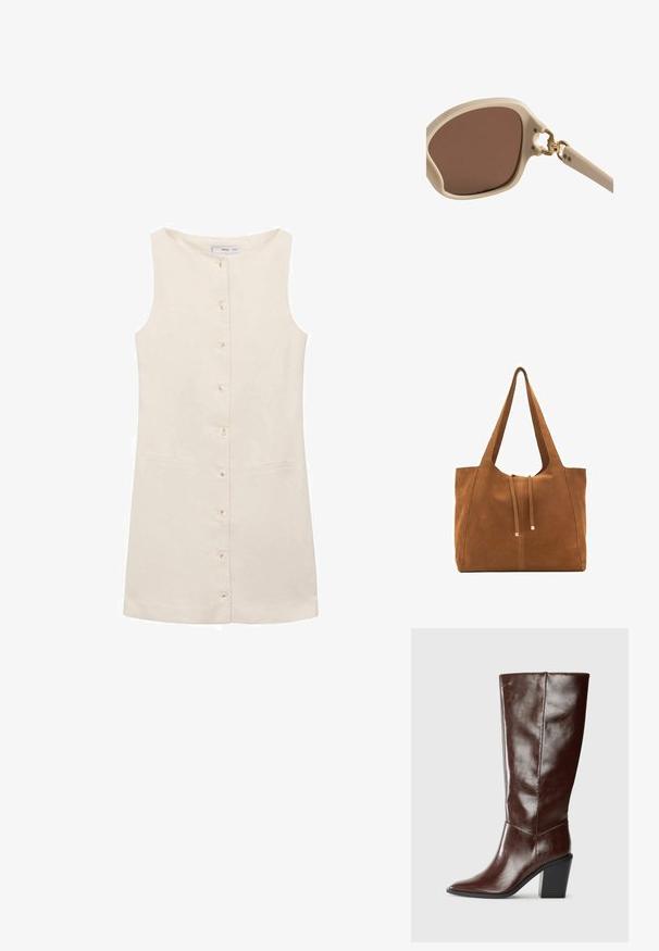 Rochie bej fără mâneci, cu un guler rotund, închidere frontală cu nasturi și două buzunare laterale. Material neted cu textură minimă.; Cizme din piele maro închis, înalte, cu vârf ascuțit și toc bloc, prezentate din lateral pe un fundal simplu.; Ochelari de soare bej deschis cu lentile maro, cadru rotund-pătrățos, accente aurii la balama și brațe texturate ușor.; Geantă tote din suede maro cu două mânere lungi, închidere prin șnur și un design minimalistic. Textură netedă și fără accente vizibile de hardură.