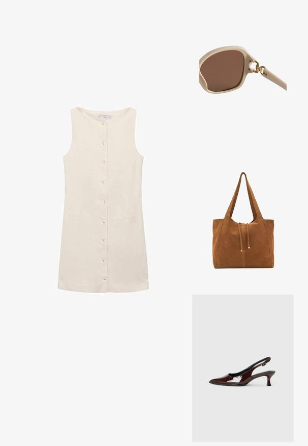 Rochie bej fără mâneci, cu un guler rotund, închidere frontală cu nasturi și două buzunare laterale. Material neted cu textură minimă.; Pantofii slingback din piele patent maro, cu vârful ascuțit și un toc moderat. Prezintă o curea cu prindere pentru o potrivire sigură. Textură netedă.; Ochelari de soare bej deschis cu lentile maro, cadru rotund-pătrățos, accente aurii la balama și brațe texturate ușor.; Geantă tote din suede maro cu două mânere lungi, închidere prin șnur și un design minimalistic. Textură netedă și fără accente vizibile de hardură.