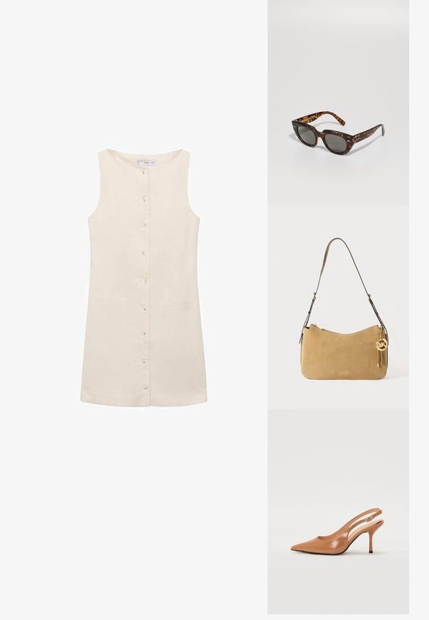 Haljina bez rukava bež boje s okruglim izrezom, prednjim zatvaranjem na dugmadi i dva bočna džepa. Glatka tkanina s minimalnom teksturom.; Sandal s petom u obliku šiljastog prsta od glatkog, sjajnog smeškastog materijala. Ima zakrivljeni izrez i vitku štiklu. Detalj s srebrnom kopčom.; Sunglasses u stilu želatine s kutnim okvirima i sivim lećama. Imaju sjajnu završnu obradu i suptilan brend na sljepoočnicama.; Tamnasta kožna torba s ravnim oblikom, zlatnim detaljima i zatvaranjem na patentni zatvarač. Ima privjesak s inicijalima "MK."