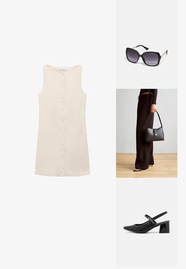 Abito beige senza maniche con scollo rotondo, chiusura frontale con bottoni e due tasche laterali. Tessuto liscio con texture ridotta.; Décolleté in vernice nera con cinturino dietro, punta affusolata, design con ritagli arrotondati e tacco a blocco. Presenta un accento di fibbia tono oro.; Occhiali da sole neri oversize con lenti sfumate, montatura spessa e dettagli in catena dorata sulle astine.; Borsa nera con forma strutturata, texture liscia e una chiusura metallica. Abbinata a pantaloni neri larghi e sandali open-toe su un pavimento in legno.