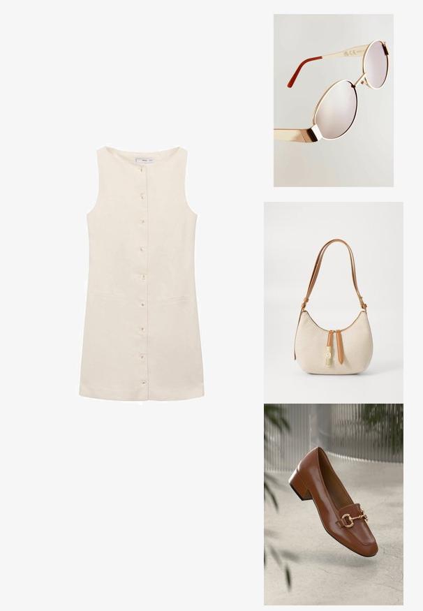 Mouwloze beige jurk met een ronde halslijn, knoopsluiting aan de voorzijde en twee zijzakken. Soepele stof met een minimale textuur.; Bruine lakleren loafer met vierkante neus, metallic kettingaccent en lage blokhak; gladde textuur, minimalistisch ontwerp.; Gouden metalen zonnebril met grote ronde lenzen, gradient tint en bruine accenten op de steunen. Vierkante neusbrug en gepolijste afwerking op de monturen.; Beige canvas schoudertas met een gebogen vorm, bruine leren accenten, een ritssluiting en een gouden hardware detail.