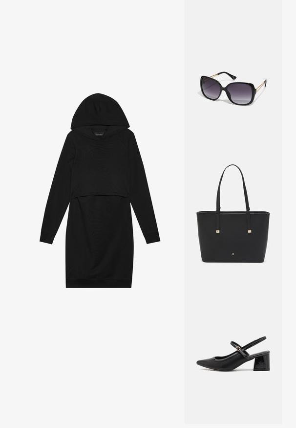 Rochie neagră din pulover cu glugă, mâneci lungi și design scurt. Confectionată dintr-un material moale cu o textură netedă și manșete cu nervuri.; Cizme cu toc slingback din piele sintetică lacuită neagră, cu vârful ascuțit, un design cu decupaj rotunjit și toc bloc. Include un accent cu cataramă de culoare aurie.; Ochelari de soare negri, supradimensionați, cu lentile degradate, rame groase și detalii cu lanț de ton auriu pe brațele templului.; Pungă tote neagră, fabricată din material sintetic, având un design simplu rectangular, accente aurii pătrate și mânere duble.