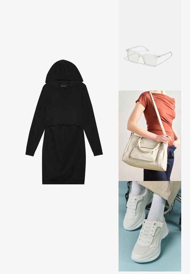 Svart genserkjole med hette, lange ermer og kort design. Laget av myk stoff med jevn tekstur og ribbete mansjetter.; Hvite sneakers med mesh-materiale, gummisåle, snøret design uten laces og elastiske bånd, samt gulltone detaljer.; Klare plastiske briller med kvadratisk innfatning og gjennomsiktige linser, med gullfiner på brillestengene for ekstra detalj.; Hvit skinnveske med doble håndtak og avtagbar stroppe, med en frontlomme med glidelås og glatt tekstur. Bært på en persons arm.