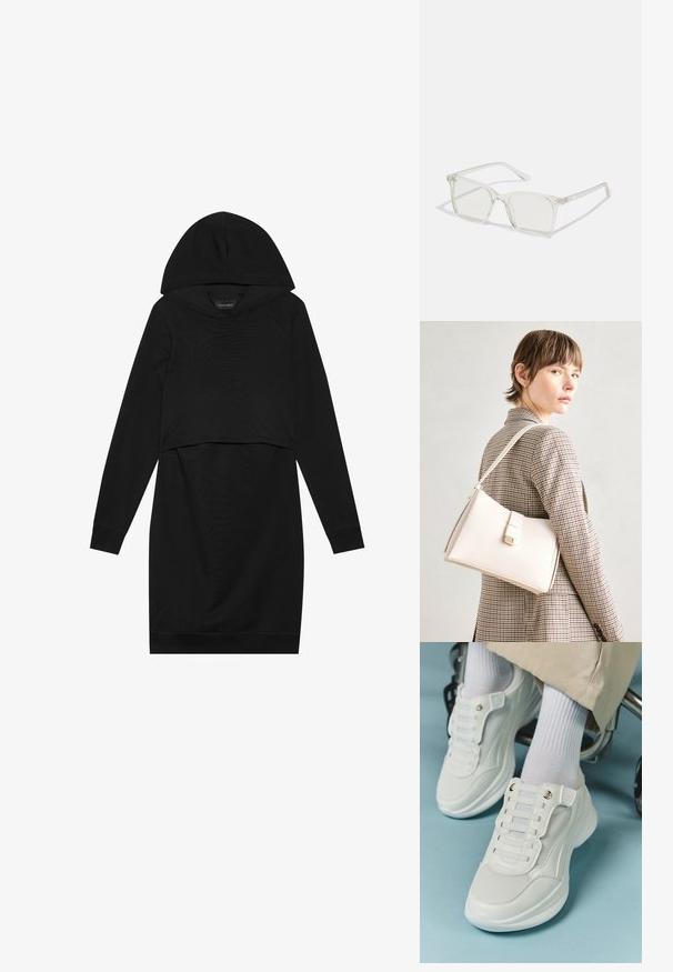 Czarna sukienka z kapturem, długimi rękawami i krojem cropped. Wykonana z miękkiego materiału o gładkiej fakturze i ściągaczami przy mankietach.; Białe sneakersy z siateczkowego materiału, gumową podeszwą, bezsznurowym designem z elastycznymi paskami oraz złotymi akcentami.; Przezroczyste, kwadratowe okulary z plastiku z półprzezroczystymi soczewkami, z złotymi akcentami na zausznikach dla dodatkowego wykończenia.; Biała skórzana torebka o strukturalnym wzorze, z magnetycznym zapięciem i paskiem na ramię, zaprezentowana na neutralnym tle.