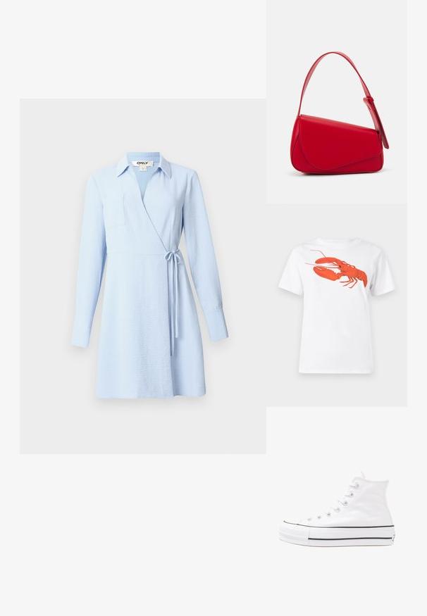 Vestido envolvente azul claro feito de tecido texturizado, com colarinho, mangas longas, um laço lateral e um único bolso no peito.; Camiseta de algodão branca com um grande gráfico de lagosta vermelha brilhante na frente. Mangas curtas e design de gola redonda padrão.; Sapatilha alta de tela branca com sola de borracha preta, bico de borracha na frente e seis ilhós para os atacadores, apresentando um design limpo e minimalista.; Bolsa de mão em couro vermelho com um design angular e geométrico. Apresenta uma única alça ajustável e um fecho com aba, com detalhes cosidos.