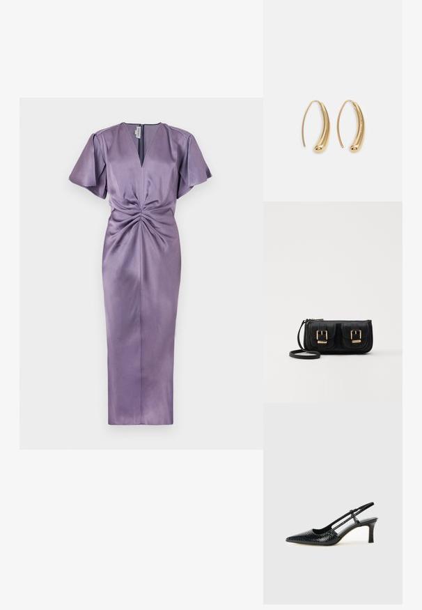 Fialová saténová šaty s výstrihom do V, volánovými rukávmi a predným twist detailom. Strih je priliehavý cez pás a splýva do midi dĺžky.; Čierne patentové slingback topánky na ihlovom podpätku s špicatou špičkou, s textúrovaným hadím vzorom, nastaviteľným popruhom a krátkym, textúrovaným blokovým podpätkom.; Čierna kožená crossbody taška s dvoma prednými vreckami, zlatými sponami, zipsovým uzatváraním a úzkym popruhom. Štruktúrovaný povrch a kompaktný obdĺžnikový tvar.; Náušnice vo forme zlatých kovových kruhov s zakriveným, predĺženým tvarom. Majú hladký, lesklý povrch a zaoblený koniec pre pridanie detailu.