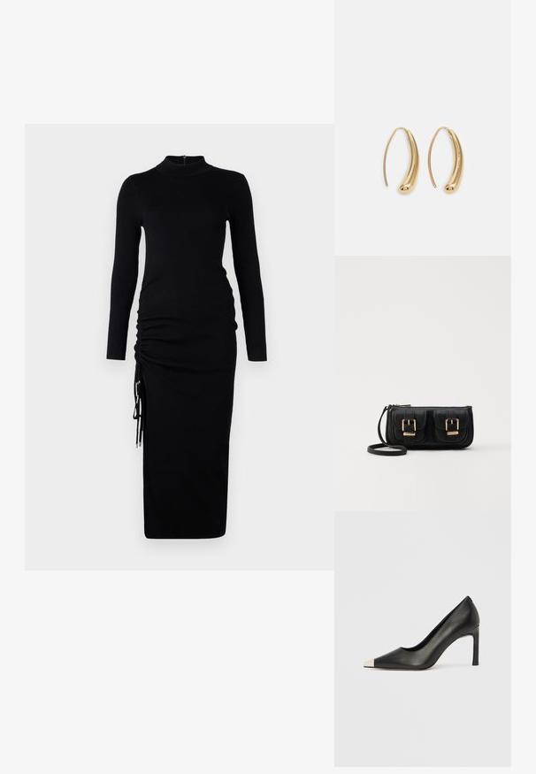 Mustmustriibuline midi kleit pikkade varrukatega, kõrge kaelusega ja külje kogumise detailidega. Omab reguleeritava sobivuse jaoks allääres tõmblukke.; Mustast nahast kõrge kontsaga king terava varba ja metallik hõbedase otsikuga. Iseloomustab sile viimistlus ja sihvakas 10 cm konts.; Must küllastamata nahast õlakott, millel on kaks esist nähtavat taskut, kuldsed pandlad, tõmblukuga sulgemine ja peen rihm. Tekstuuriga pind ja kompaktne ristkülikukujuline kuju.; Kuldtoonilised metallist rõngas kõrvarõngad, millel on kõver ja piklik kuju. Omavad siledat, läikivat pinda ja ümarat tipptugevdust, mis lisab detaili.