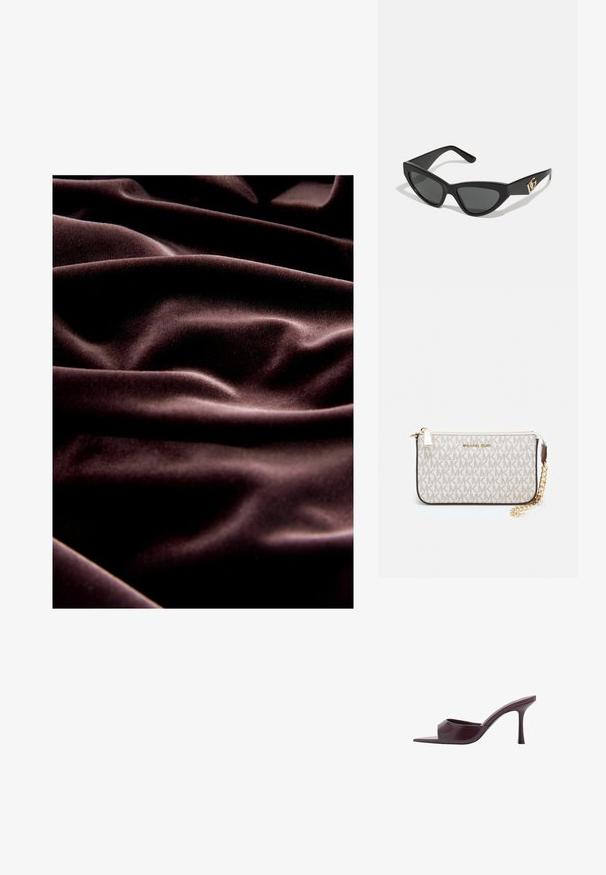Tessuto di velluto marrone scuro con una texture liscia, caratterizzato da pieghe e piegature profonde che evidenziano il suo cadere lussuoso e la sua morbidezza.; Mule in pelle liscia color bordeaux con tacco a spillo e punta quadrata. Presenta un design elegante e minimalista con un tacco affusolato.; Occhiali da sole a forma di gatto con montatura in plastica nera opaca, lenti scure e un'accensione con logo dorato sulla stanghetta. Design angolare e superficie liscia.; Wristlet Michael Kors in tela rivestita beige con motivo a logo MK ripetuto, hardware dorato e tracolla a catena staccabile.