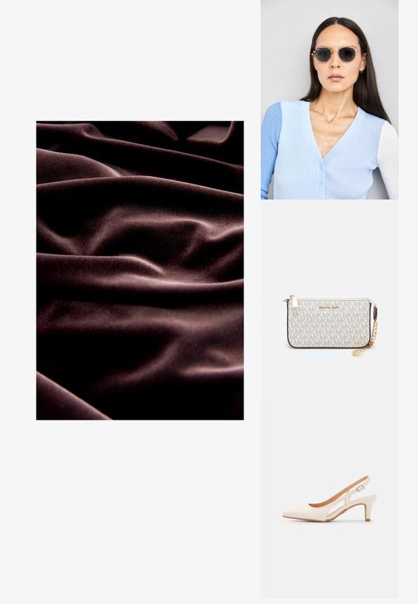 Tumši brūns samta audums ar gludu faktūru, kas izceļas ar dziļām locījumiem un krokām, kas uzsver tā grezno kritumu un maigumu.; Baltas siksniņveida papēdis ar smailu purngalu, gludu augšējo materiālu, zemu blokpapēdi un sānu izgriezumu dizainu ar regulējamu sprādzi.; Apaļas saulesbrilles ar tumšiem objektīviem un zeltītām rāmēm. Modelis valkā gaiši zilu, ribotu kardigānu ar pogām un kontrastējošām baltām piedurknēm.; Michaela Korsa rokassomi bez̦ā īšojuma, kas izgatavota no apklāta kanvas, iekļaujot atkārtotu MK logotipa rakstu, zelta aparatūru un noņemamu ķēdes siksnu.