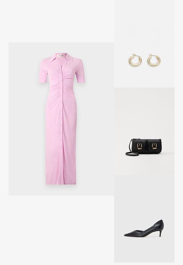 Růžové šaty na knoflíky s krátkými rukávy, s límečkem, na přední části s nabíranými detaily a rovnou siluetou sahající až k podlaze.; Černá kožená lodička s špičatou špičkou a nízkým podpatkem. Má hladkou texturu a jemný lesk. Přední část je otevřená pro zvýraznění detailu.; Černá kožená crossbody taška se dvěma předními kapsami, zlatými přezkami, zipovým uzávěrem a štíhlým popruhem. Texturovaný povrch a kompaktní obdélníkový tvar.; Lauren Ralph Lauren BASIC SMALL HOOP - Náušnice - gold-coloured