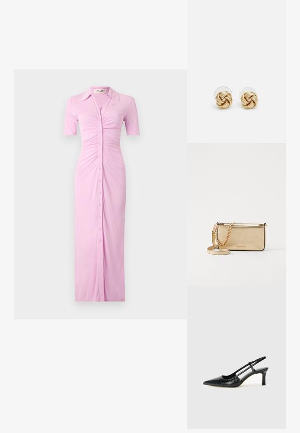 Rosa Hemdkleid mit kurzen Ärmeln, das einen kragenförmigen Ausschnitt, geraffte Details am Oberteil und eine gerade, bodenlange Silhouette aufweist.; Schwarze Lack-Slingback-Pumps mit spitzem Zehenbereich, versehen mit strukturiertem Schlangenprint, verstellbarem Riemen und einem kurzen, strukturierten Blockabsatz.; Metallisch goldene Leder-Clutch mit strukturierter Oberfläche, ausgestattet mit einem goldenen Kettenriemen und einem abnehmbaren Schulterriemen. Markenlogo geprägt.; Goldfarbene Ohrstecker mit Knoten in gedrehter Ausführung. Jeder Ohrstecker verfügt über eine runde, transparente Rückseite für sicheren Halt.