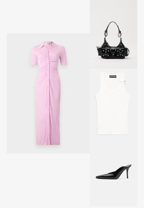 Rochie roz cu butoni, cu mâneci scurte, având un guler, detalii plisate la bust și o silueta dreaptă, până la podea.; Top alb cu dungi, cu decolteu rotund și detaliu metalic pe umăr. Textură moale, design ajustat și stil fără mâneci.; Mule-uri cu toc înalt din piele lacuită neagră, cu vârful ascuțit și o siluetă elegantă, având un spate deschis și un toc subțire stilletto.; Geantă de piele neagră cu un design curbat, dotată cu studuri argintii, o cataramă și două buzunare laterale. Curea ajustabilă pentru opțiuni de transport.