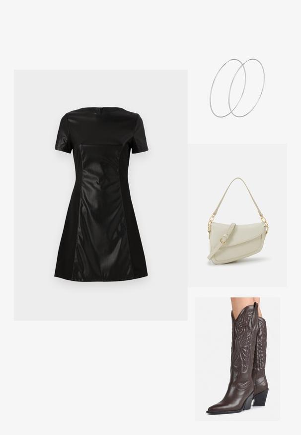 Mustaline must kleit, millel on sujuv kunstnahast esipaneel, lühikesed varrukad ja laiendav seelik. Seljal on diskreetne lukku.; Pruunid nahast cowboy saapad terava varbaga ja plokk-kandaga, millel on detailne tikand ja kergelt tõstetud aktsendid varrel.; Väike kreemjas käekott tekstureeritud viimistlusega, pikendatav rihm, ketiläbimõõt ja klapiga sulgemine. Kuldsed metalldetailid.; Hõbedased rõngastikkaehingad minimalistlikus disainis. Ümar kuju, sile tekstuur ja õhuke profiil. Kerged ning poleeritud viimistlusega.