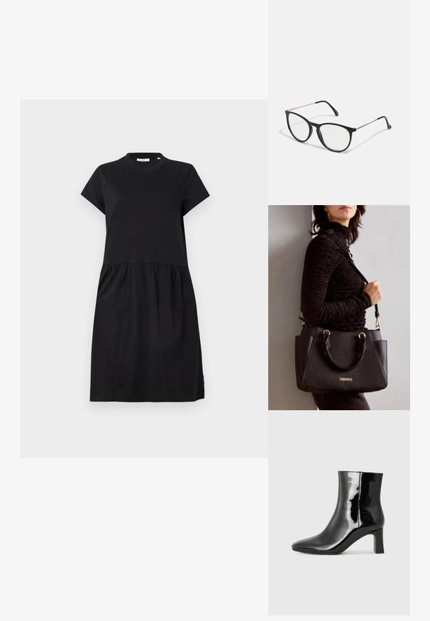 Črna majica obleka iz mehkega bombaža, z kratkimi rokavi, okroglo izrezom in nabranim krilom za sproščen kroj.; Črne lakirane gležnjarje z ošiljenim nosom in srednje visokim blokastim peto. Gladka tekstura in minimalističen dizajn.; Črne mačje sončne očala s prozornimi lečami, tanke rose gold kovinske obrobe in gladkimi črnimi plastičnimi okvirji. Eleganten dizajn in ukrivljeni temple.; Črna torbica z teksturirano površino, z dvema zgornjima ročajema in nastavljivim ramenskim pasom. Ima zlatovrateče dodatke in stranske žepe.