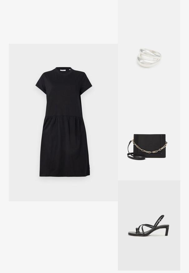 Musta t-särkide kleit pehmest puuvillast, lühikeste varrukatega, ümmarguse kaelusega ja kogutud seelikuga, mis tagab mugava istuvuse.; Mustast rihmajalatsid ruudukujulise varba ja madala ploki kontsaga. Omab mitmeid õhukesi rihmasid ja reguleeritavat pahkluu rihma. Valmistatud siledast nahast.; Mustast nahast õlakott, mis omab siledat tekstuuri, ristküliku kuju ning esiküljel metallketi detaili. Reguleeritav rihm on kaasas.; Hõbedane kahekordne rõngas sujuva, poleeritud pinnaga. Omab voolavat, kõverat disaini, millel on kattuvad sektsioonid, et saavutada kaasaegne ilme.