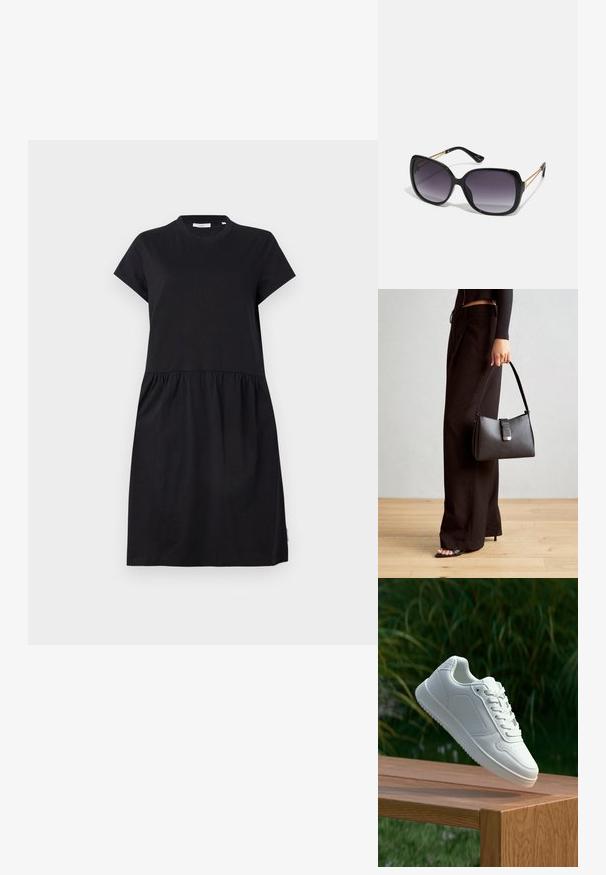 Juodas t-shirt stiliaus suknelė, pagaminta iš minkštos medvilnės, su trumpomis rankovėmis, apvaliu iškirpimu ir susikaupusia suknele, užtikrinančia laisvą prigludimą.; Balti sneakeriai su lygia sintetine viršutine dalimi, perforuota pirštų zona, plokščiomis raištelėmis ir tekstūruotu padu, padėti ant medinės paviršiaus.; Juodos didelės saulės akinių su pereinamais objektyvais, storomis rėmeliais ir auksinės spalvos grandinėmis ant šventyklų.; Juodas rankinė struktūrizuota forma, lygi tekstūra ir metalinis užsegimas. Suporuota su plačiomis juodomis kelnėmis ir atvirais bateliais ant medinių grindų.