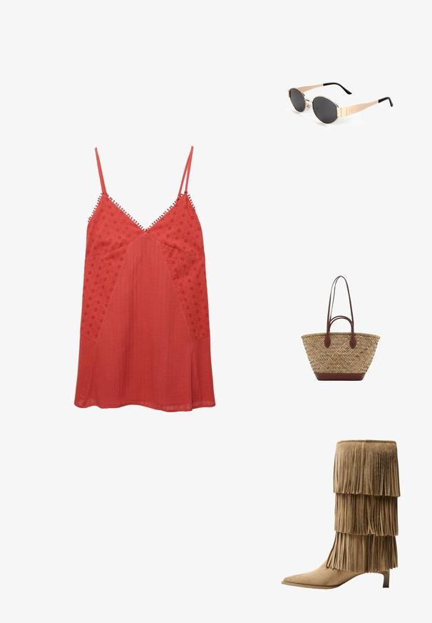 Top smanicato rosso con scollo a V, presenta motivi floreali ricamati e pannelli testurizzati, rifinito con un bordo decorativo lungo le spalline.; Stivale alla caviglia in suede color ocra con tre strati di frange. Punta affusolata e tacco basso a blocco. Texture liscia su tutta la superficie.; Occhiali da sole ovali color oro con lenti scure, caratterizzati da un design elegante, aste sottili e un accento nero all'asta. Modello numero L37.; Borsa tote in paglia intrecciata con texture a treccia, manici e base in pelle marrone scuro, forma circolare larga e design con apertura superiore.