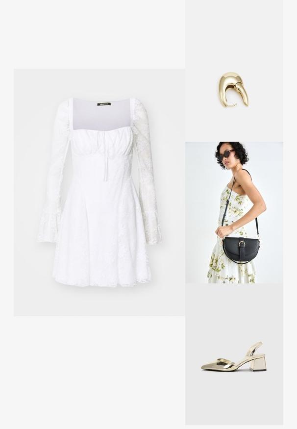 Balta kleita ar pieguļošu corsetu, kvadrātveida dekoltē un garām caurspīdīgām piedurknēm. Paplatinātas piedurkņu galus, teksturēts audums un saposta detaļa priekšpusē.; Zeltaini, metāla kurpes ar siksniņām, norakans purngalis un masīla papēdis. Gluda tekstūra, minimālisma dizains un šaura siksna.; Melnas ādas rokassoma ar izliekta formu, noņemamu siksnu un zelta aksesuāriem. Somai ir vāciņš ar sprādzes detaļu.; Zeltīti metāla auskari ar gludu, izliekta dizaina. Ar atšķirīgu smailu formu, pulētu virsmu un eņģu aizdari.