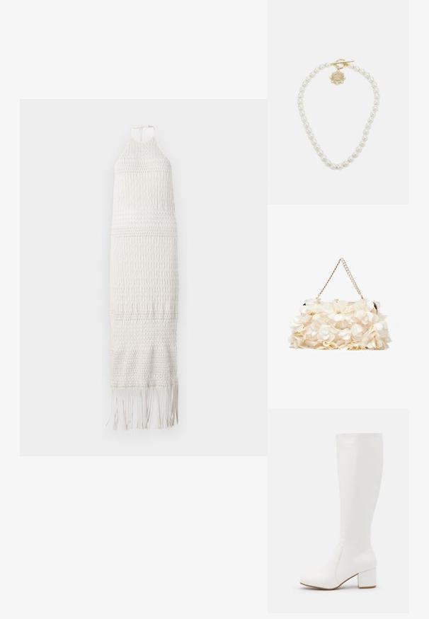 Vestido maxi blanco de ganchillo con cuello halter, patrón texturizado y dobladillo con flecos. Fabricado en material ligero y transpirable.; Botas blancas hasta la rodilla con un acabado liso y brillante. Tacón cuadrado y un sutil detalle de costura a lo largo del costado.; Bolso floral blanco con superficie de tela fruncida, correa de cadena en tono dorado y cierre de metal. Presenta pétalos texturizados para un detalle adicional.; Lauren Ralph Lauren COLLAR - Collar - gold-coloured/white