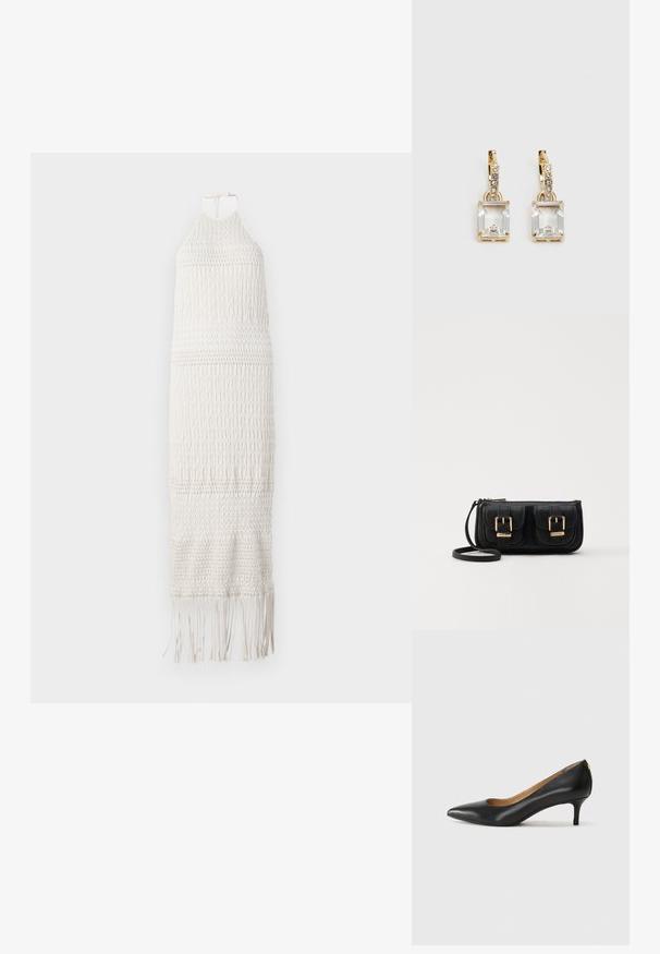 Weißes gehäkeltes Maxikleid mit Halterneck, strukturiertem Muster und fransigem Saum. Hergestellt aus leichtem, atmungsaktivem Material.; Schwarzer Lederpumps mit spitzem Zehenbereich, niedrigem Absatz und glatter Textur. Verfügt über eine leichte Öffnung an der Vorderseite und minimale Beschläge an der Rückseite.; Schwarze Leder-Umhängetasche mit zwei vorderen Taschen, goldenen Schnallen, Reißverschluss und einem schmalen Tragegurt. Texturierte Oberfläche und kompakte rechteckige Form.; Ohrringe in Goldfarbe mit einem rechteckigen, durchsichtigen Kristall, der unter einer Reihe kleiner, runder klarer Akzente hängt. Elegantes, modernes Design.