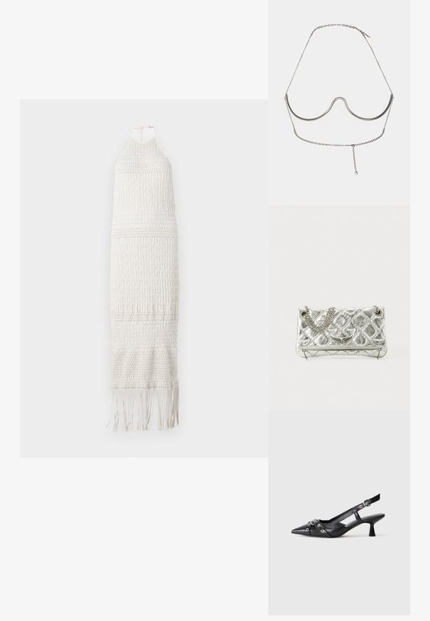 Vestido maxi blanco de ganchillo con cuello halter, patrón texturizado y dobladillo con flecos. Fabricado en material ligero y transpirable.; Zapato de slingback negro de piel con punta afilada, correas decorativas con ojales de metal y un tacón bajo y ancho. Superficie texturizada.; Bolso de mano metálico plateado con asa de cadena, textura acolchada, costura decorativa y cierre de cremallera. Presenta detalles en relieve en la parte frontal.; Cult Gaia ASHA BODY JEWELRY - Otros accesorios - bright shiny silver-coloured