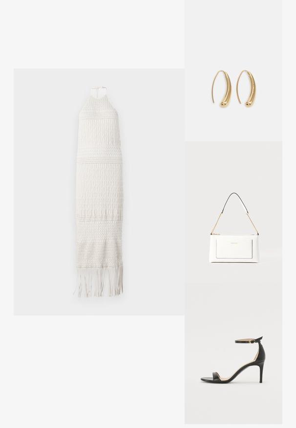 Bijela maksi haljina od čipke s halter izrezom, teksturiranim uzorkom i resastim rubom. Izrađena od laganog, prozračnog materijala.; Crne kožne sandale na visokom potpeticu s remenom oko gležnja. Imaju glatku teksturu, otvoreni prst i tanku potpeticu. Detalj s kopčom u zlatnoj boji.; Bijela kožna torba s teksturiranim završetkom, koja ima zlatni lančić i crne akcentne detalje. Uključuje prednji džep i zatvaranje na patentni zatvarač.; Zlatne metalne naušnice u obliku obruča s zakrivljenim, izduženim oblikom. Imaju glatku, sjajnu površinu i zaobljeni vrh za dodatni detalj.