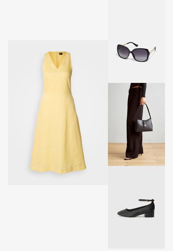 Vestido amarelo sem mangas, com decote em V, modelagem em A e fecho éclair nas costas. Feito de um tecido leve, apresenta um design e textura simples.; Sandal de pele preta com bico pontiagudo e um salto bloco baixo. Apresenta uma tira no tornozelo com uma fivela em tom dourado. Textura suave.; Óculos de sol oversized pretos com lentes degradê, armações grossas e detalhes em corrente dourada nas hastes.; Bolsa preta com forma estruturada, textura suave e um fecho metálico. Combinada com calças largas pretas e sandálias de salto aberto sobre um chão de madeira.