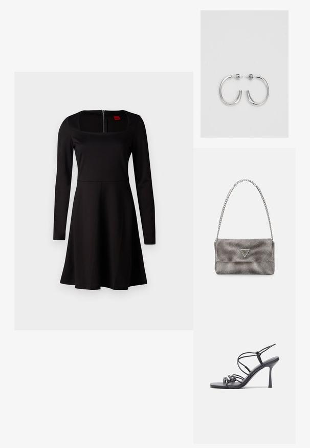 Rochie neagră cu mâneci lungi, decolteu pătrat, bust strâns și fustă evazată, cu închidere cu fermoar la spate. Textură de material neted, fără modele.; Sandale negre cu toc înalt au curele subțiri cu un design legat, un vârf pătrat neted și un toc stiletto elegant.; Geantă metalică gri deschis, cu un strap din lanț, decorată cu mici ținte circulare metalice și un logo de marcă triangular.; Cercei rotunzi din argint cu un finisaj neted și strălucitor. Design ușor, având o formă rotundă și închidere cu tijă.