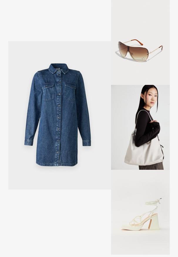 Vestido camiseiro de ganga em azul escuro. Apresenta mangas longas, fecho frontal com botões, dois bolsos no peito e um colarinho clássico. Corte casual.; Sandálias brancas de salto alto com um salto robusto, apresentando um design com tiras e amarração no tornozelo. Textura suave com uma plataforma na frente para altura adicional.; Óculos de sol com lentes em degrade castanho, armação em metal e um padrão decorativo de estrelas com strass no canto inferior direito da lente.; Uma bolsa bege feita de material macio, com um design descontraído, detalhes de costura e duas alças para o ombro. Adequada para uso diário.