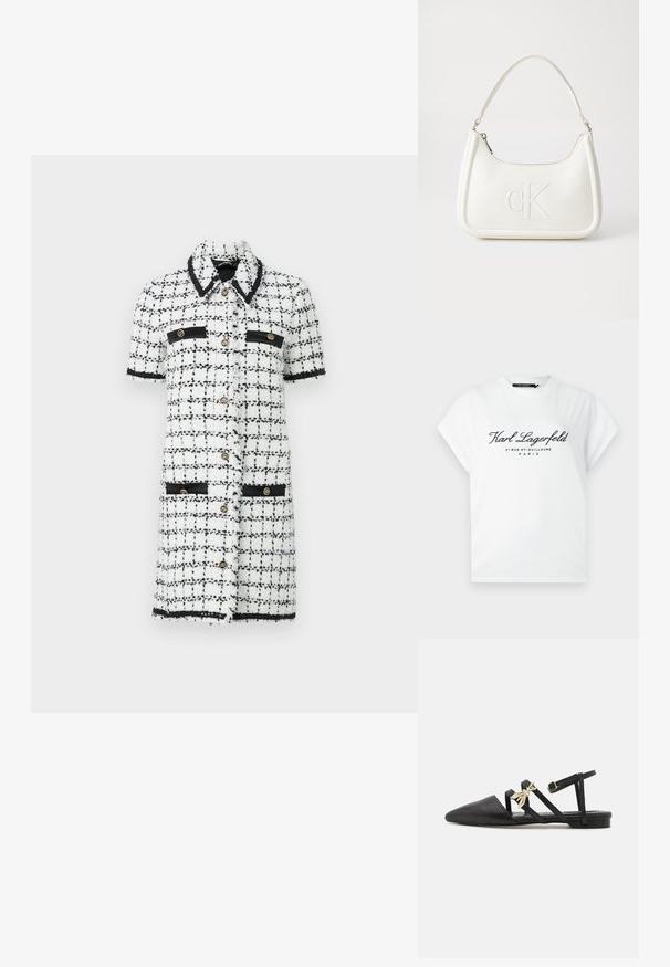 Baltos ir juodos langeliais raštuotos suknelės, pagamintos iš tekstūruoto audinio, su trumpomis rankovėmis, auksiniais mygtukais ir juodais akcentais ant kišenių bei apykaklės.; Balta trumpomis rankovėmis marškinėliai su juodu užrašu „Karl Lagerfeld 21 Rue St-Guillaume Paris“ priekyje, apvalia iškirpte.; Juodos plokščios bateliai su smailiu pirštu, pagaminti iš lygaus odos. Yra kryžminiai dirželiai ir dekoratyvinė auksinė bičių ženkliukas.; Balta odinė rankinė su išlenkta forma, su reljefiniu "CK" logotipu priekyje ir viena petneša. Užtrauktuko uždarymas viršuje.