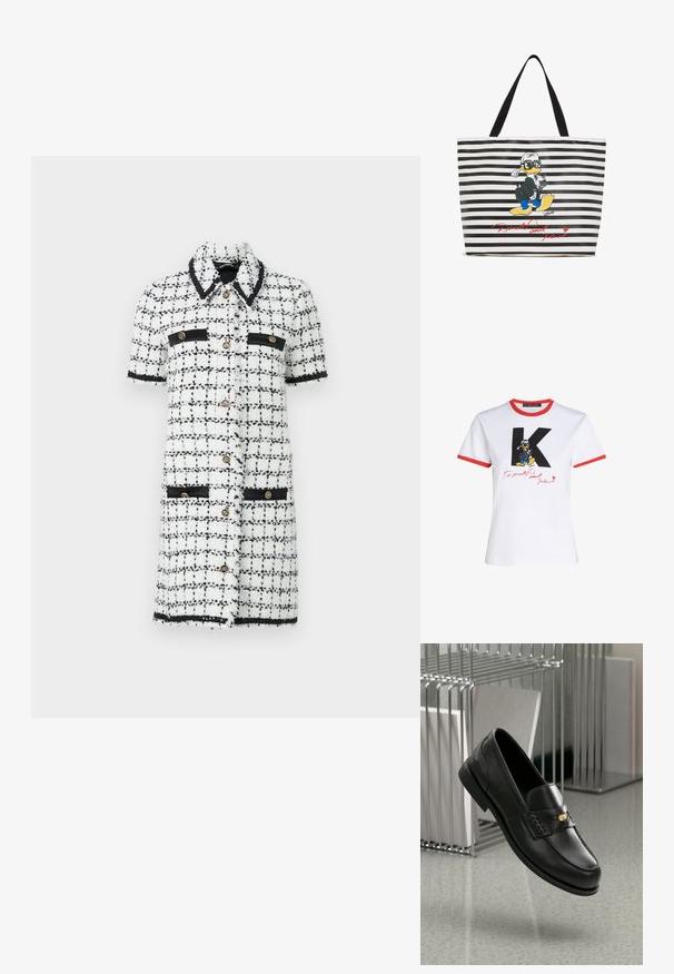 Vit och svart rutmönstrad klänning i texturerad tyg, med korta ärmar, guldfärgade knappar och svarta detaljer på fickor och krage.; Vit bomullströja med röd halsringning och ärmslut. Har en svart 'K' och en Donald Duck-grafik med en signatur i rött.; Svarta läderloafers med en slät yta, prydda med ett dekorativt band och en liten guldfinish. Sulan är platt med en rundad tå.; Tygväska med svartvita ränder, grafisk bild av en tecknad anka i svart kostym och solglasögon, med en röd textsignatur.